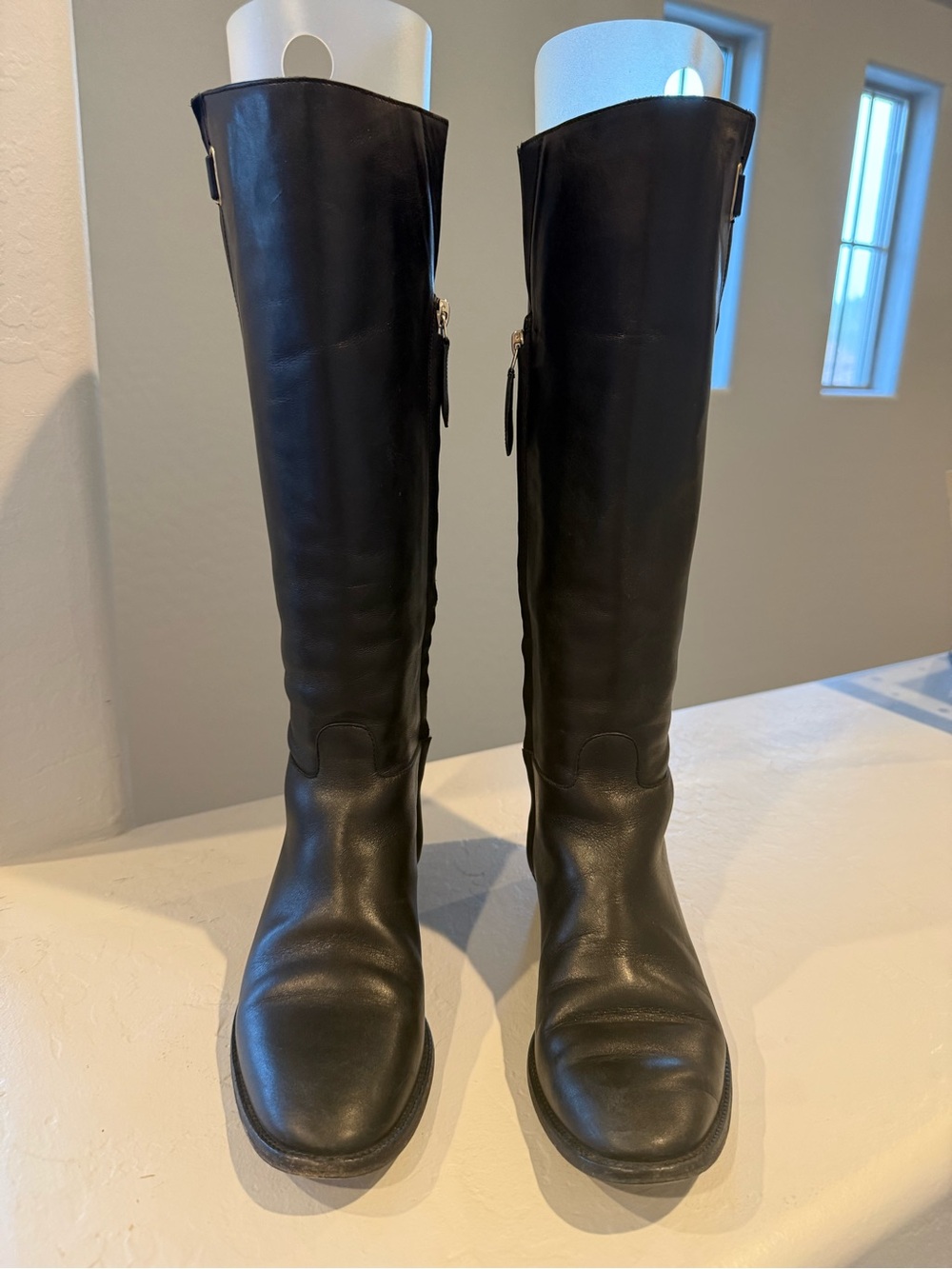 Burberry Black Leather Riding Boots Gold Logo Heel Plate Italy Size 36